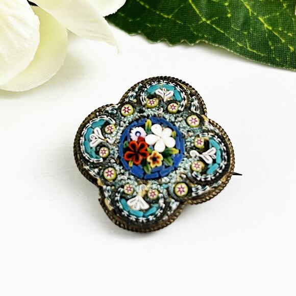 Antique Micro Mosaic Floral Brooch Pin Victorian Made in Italy - Picture 2 of 6